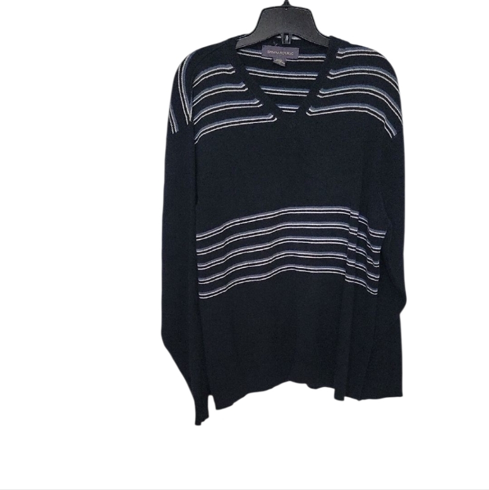 Banana Republic Black Striped V-Neck Sweater XL